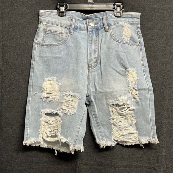NIB - SHEIN Men Cotton Ripped Frayed Raw Hem Bermuda Denim Shorts - Small - Picture 5 of 12